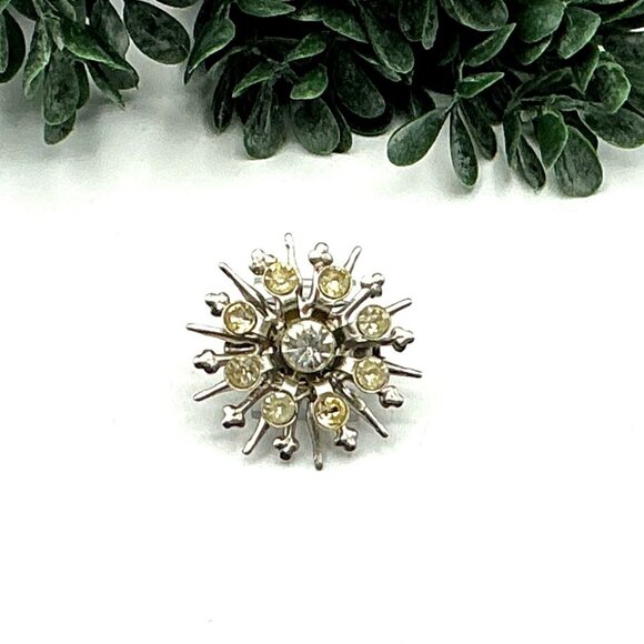 Vintage Silver Tone Yellow Rhinestone Atomic Starburst Brooch Pin - Picture 2 of 3